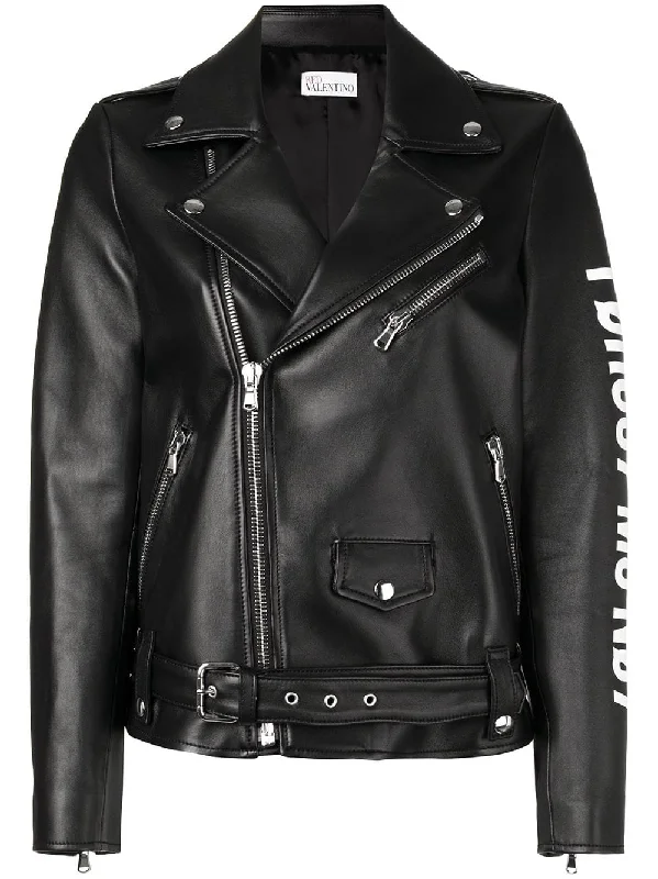 logo biker jacket A-Line Jacket Boat Neck Shawl Collar