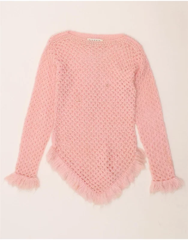 VINTAGE Womens See Through Boat Neck Jumper Sweater UK 10 Small Pink Fitted Slim Tailored