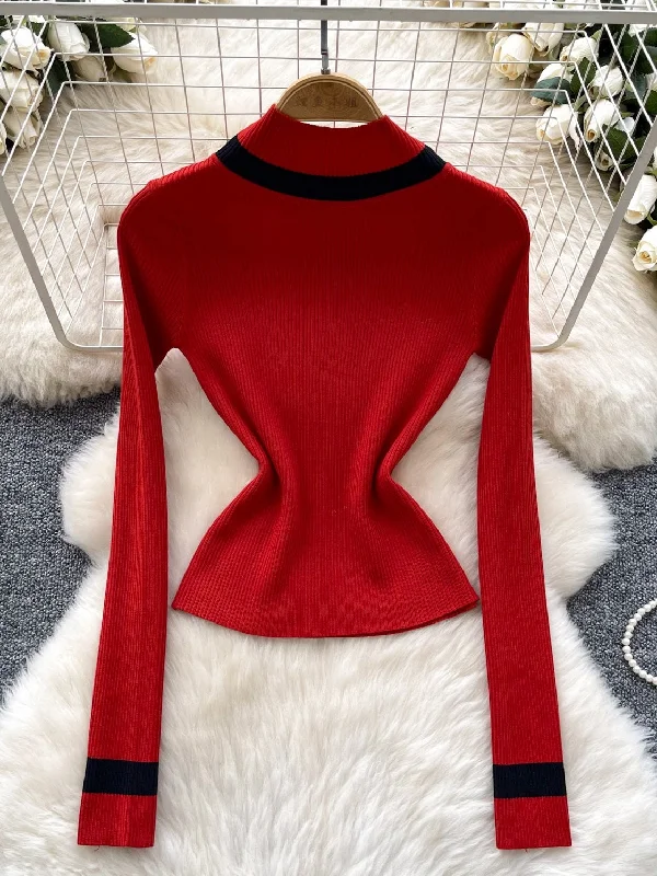 Warm Bold Red Ribbed Sweater Welt Pockets Slit Pockets Flap Pockets