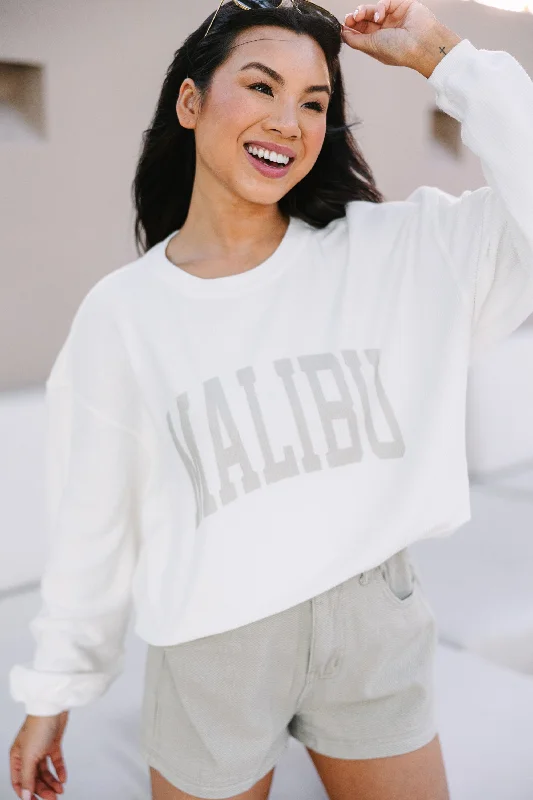 Malibu White Graphic Corded Sweatshirt Hoodie with Back Slit Movement Comfort