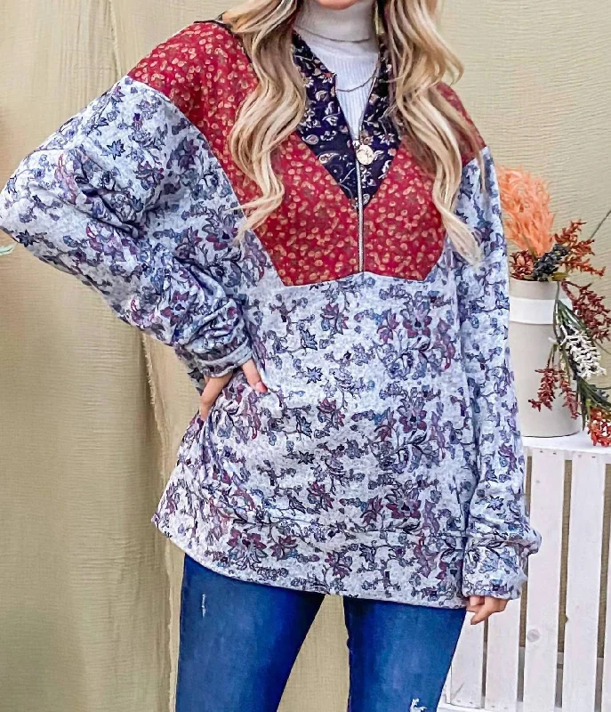 Floral Half Zip Up Hoodie Sweater In Grey,maroon Notch Collar Peter Pan Collar Cowl Neck Floral Half Zip Up Hoodie Sweater In Grey,maroon Notch Collar Peter Pan Collar Cowl Neck