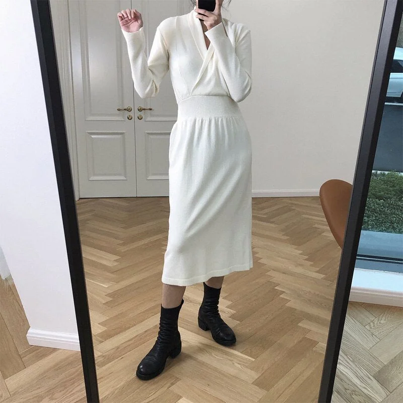 Wjczt Spring Autumn Women's Casual Solid Color V-Neck Long Sleeve Slim Fit Knit Dress Maxi Flowy Bohemian