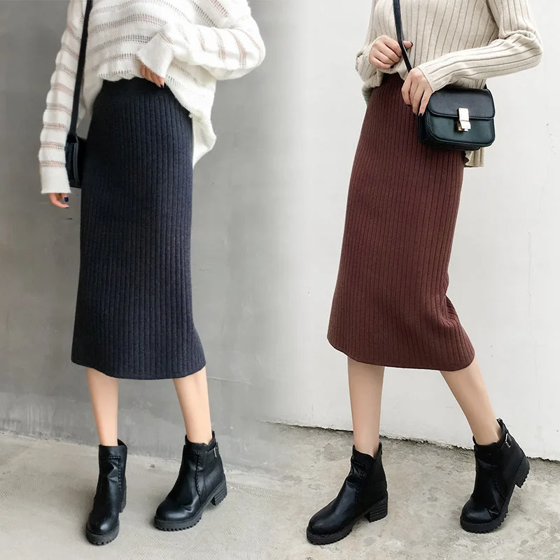 Women's thick split-knit skirt High-rise step pack hip skirt cashmere skirt soft