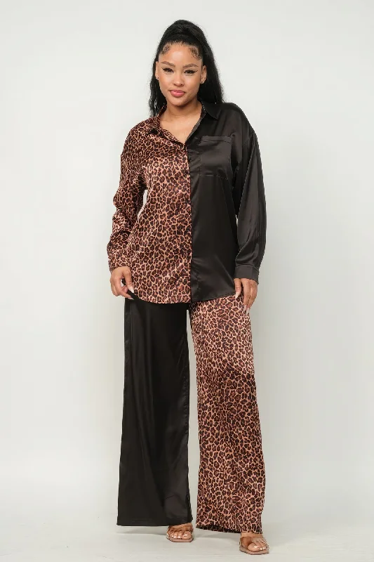 Half Animal Print And Half Solid Top And Pants Set Elegant Silk Pants