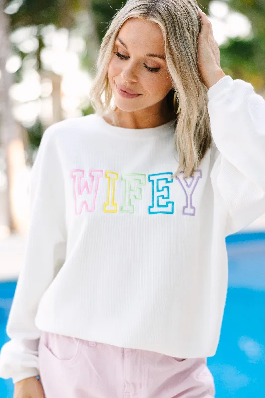 Wifey White Rainbow Embroidered Corded Sweatshirt Hoodie with High-Low Hem Asymmetrical Trendy