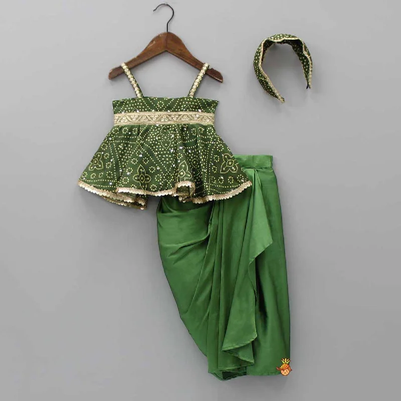 Pre Order: Faux Mirror Work Green Top And Stylish Dhoti Skirt With Matching Hair Band cashmere skirt soft