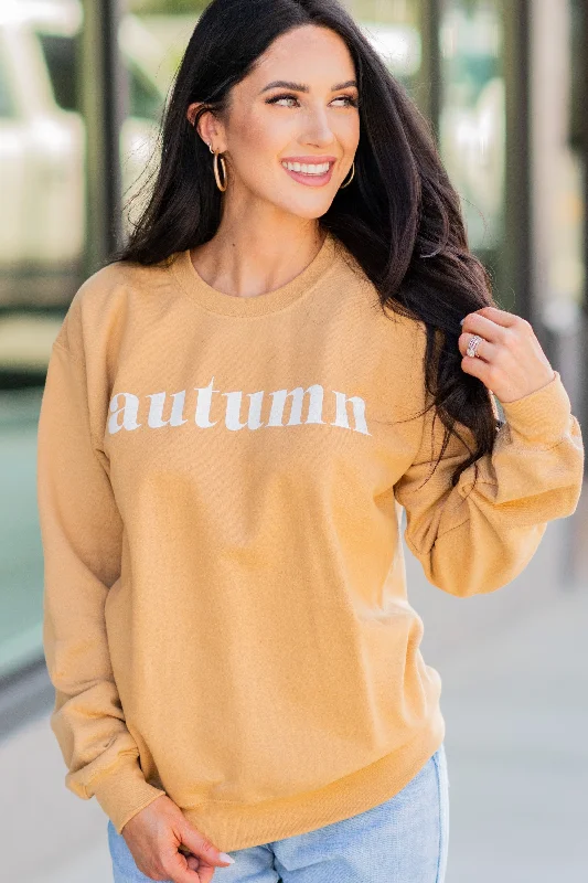 Autumn Old Gold Graphic Sweatshirt Hoodie with Ribbed Cuffs Snug Fit Comfort