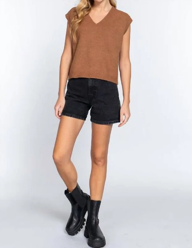 V-Neck Sweater Vest In Caramel Front Pockets Side Pockets Patch Pockets