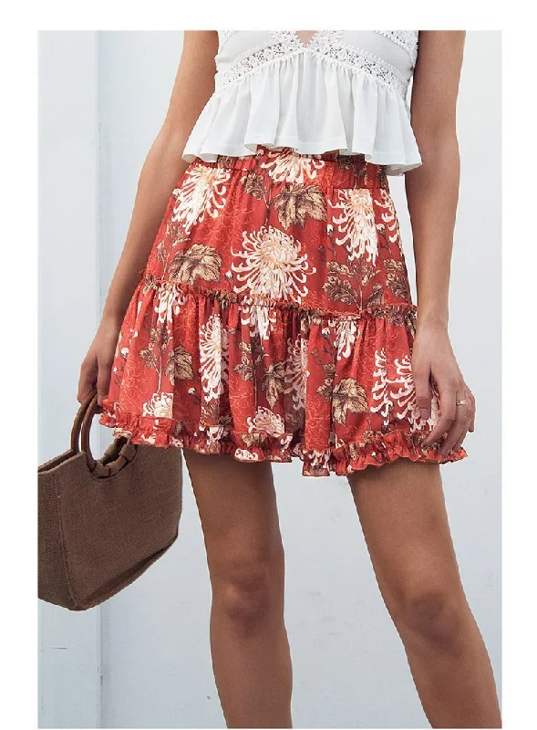 Boho Floral Print Ruffle Mini Skirt A-Line Casual Beach Summer leather skirt durable