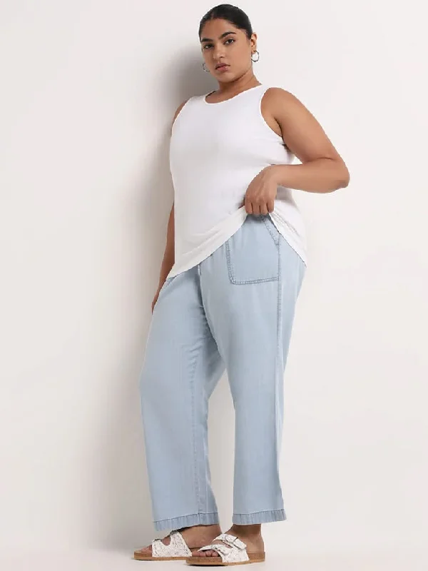 Gia Light Blue Chambray Cotton Blend Straight-Fit Pants Classic Bootcut Trousers