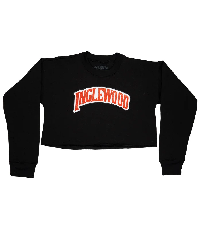 INGLEWOOD CROP SWEATSHIRT BLACK Hoodie with Hem Patch Decorative Personalized