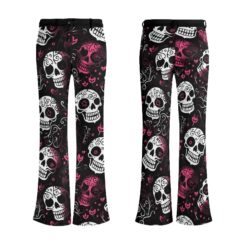 Womens Pink & White Skulls Print Elegant Flare Pants High-Waist Jogger Pants
