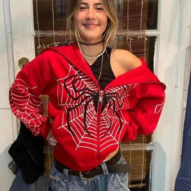 Wholesale Polyester Spider Web Zipper Sweater Casual Hoodie Spring and Autumn Fleece American Coat Top Mesh Sweater Canvas Denim
