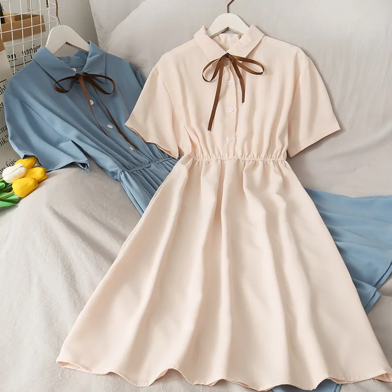 Wjczt Dress Women Chiffon Bow Solid High Waist Turn-down Collar Preppy Style Kawaii Ulzzang Popular Temperament Girls Summer Holiday Tunics Business professional Wjczt Dress Women Chiffon Bow Solid High Waist Turn-down Collar Preppy Style Kawaii Ulzzang Popular Temperament Girls Summer Holiday Tunics Business professional