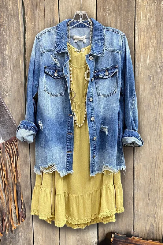 Ripped Holes Frayed Hem Denim Jacket Cotton Jacket Linen Jacket Terry Jacket