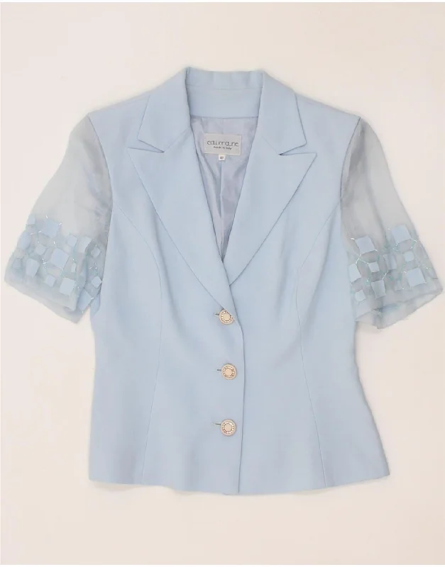 VINTAGE Womens Short Sleeve 3 Button Blazer Jacket IT 42 Medium Blue A-Line Jacket Boat Neck Shawl Collar VINTAGE Womens Short Sleeve 3 Button Blazer Jacket IT 42 Medium Blue A-Line Jacket Boat Neck Shawl Collar