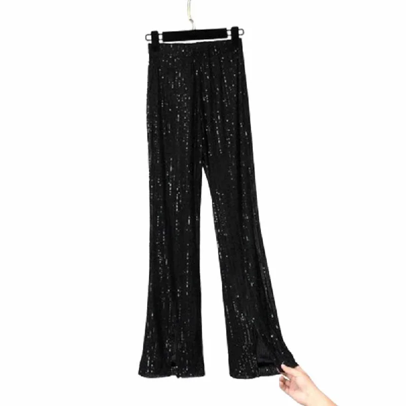 Shiny Sequined High Waist Flared Pants Stylish Elastic Waist Pants