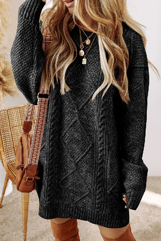 Toronto Twist Black Cable Knit Sweater Dress Welt Pockets Slit Pockets Flap Pockets