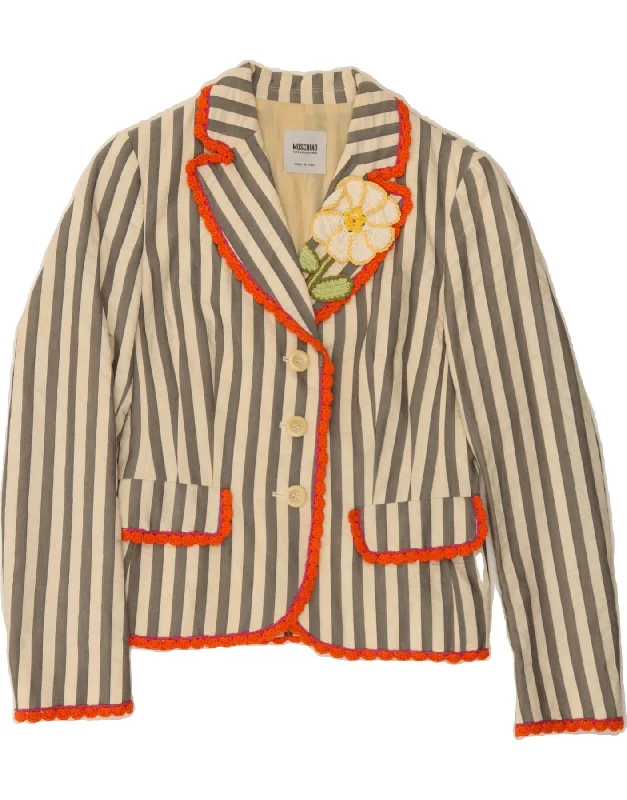 MOSCHINO Womens 3 Button Blazer Jacket UK 10 Small Grey Striped Cotton Satin Jacket Silk Jacket Chiffon Jacket MOSCHINO Womens 3 Button Blazer Jacket UK 10 Small Grey Striped Cotton Satin Jacket Silk Jacket Chiffon Jacket