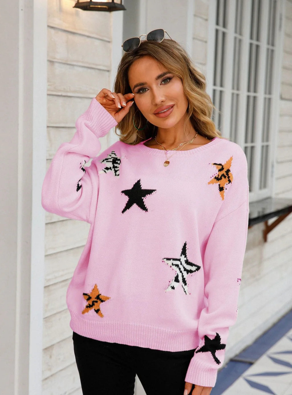 Round Neck Star Long Sleeve Sweater Cashmere Blend Cotton Blend Poly Blend