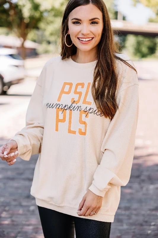 PSL Please Sand Brown Corded Graphic Sweatshirt Hoodie with Thumb Holes Functional Cozy