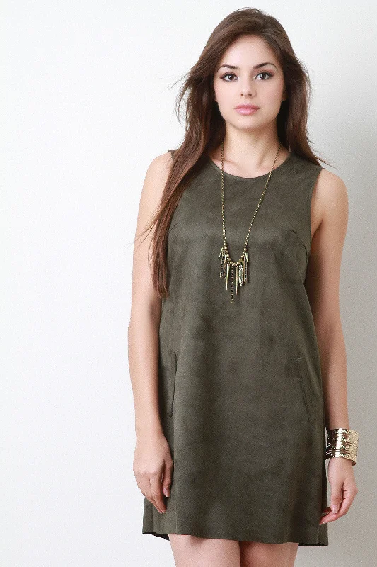 Sleeveless Suede Mini Shift Dress Tunics Solid Classic