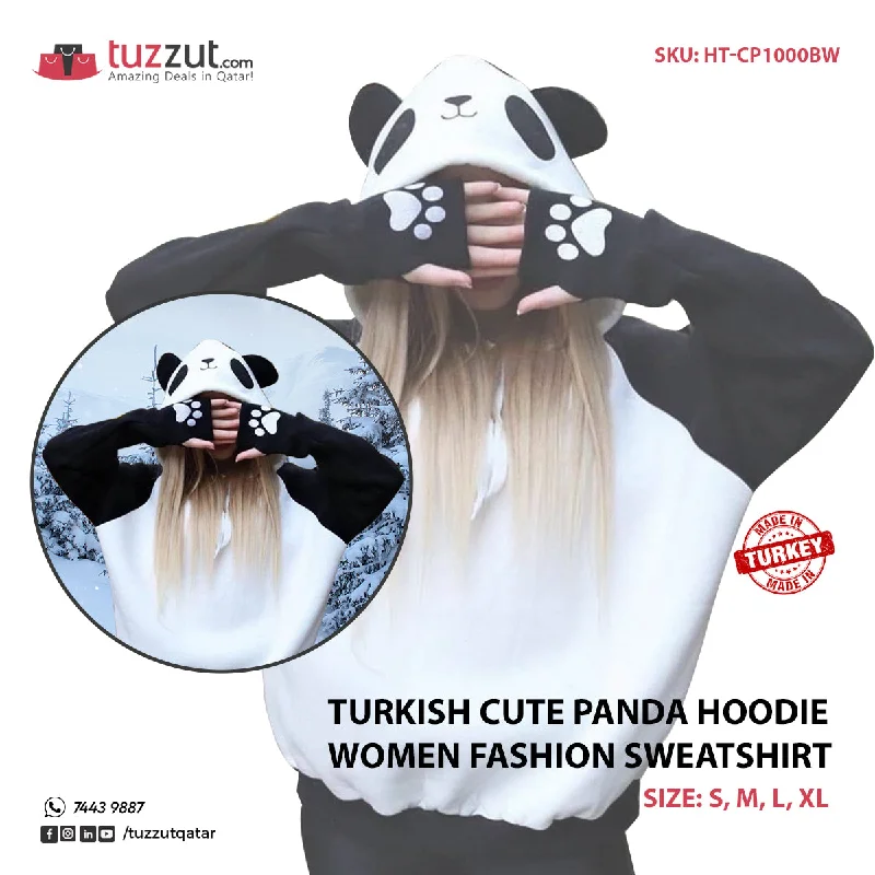 Turkish Cute Panda Hoodie Women Fashion Sweatshirt-Black & White Hoodie with Hem Embroidery Detailed Premium