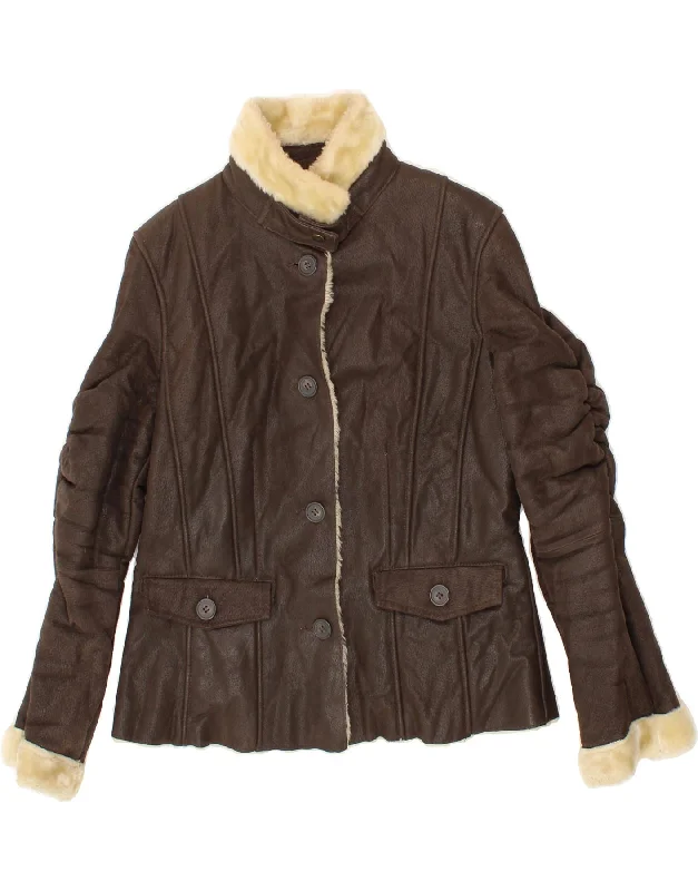OVIESSE Womens Leather Sherpa Jacket IT 48 XL Brown Leather A-Line Jacket Boat Neck Shawl Collar OVIESSE Womens Leather Sherpa Jacket IT 48 XL Brown Leather A-Line Jacket Boat Neck Shawl Collar