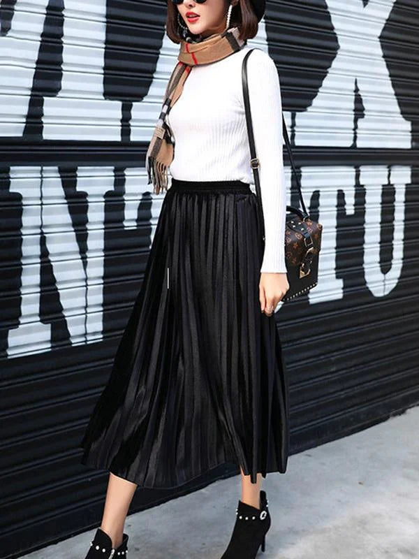 Solid Color High-Waist Pleated A-Line Skirt 2XL 53793 velvet skirt sumptuous