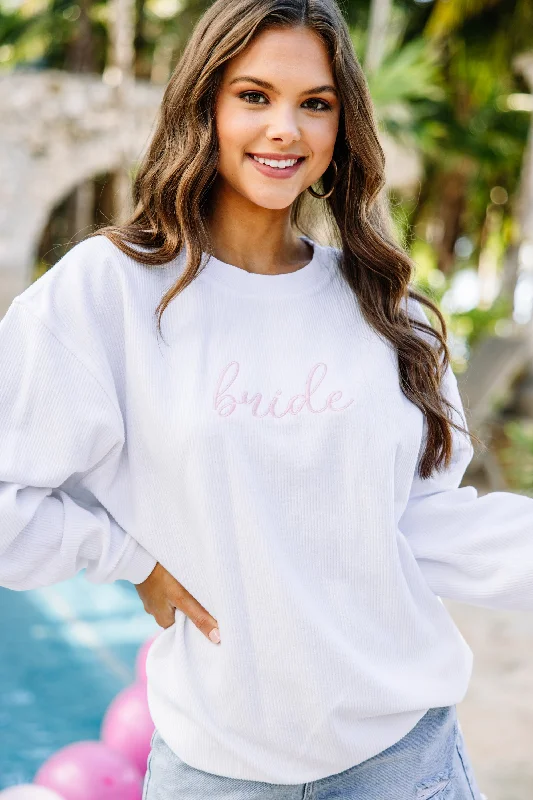 Bride White Corded Embroidered Sweatshirt Hoodie with Crew Neck Simple Timeless