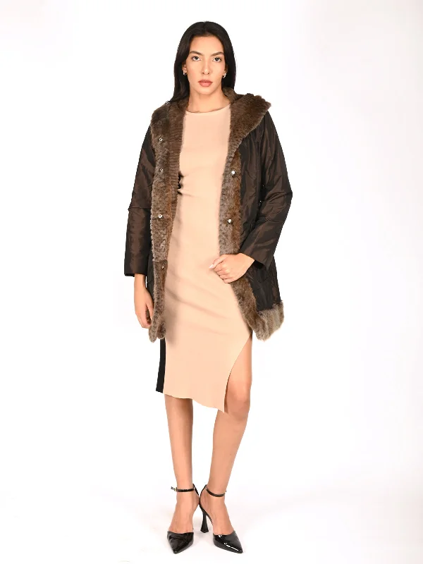 Odette Brown Polyester Open Front Jacket For Women Front Pockets Side Pockets Patch Pockets