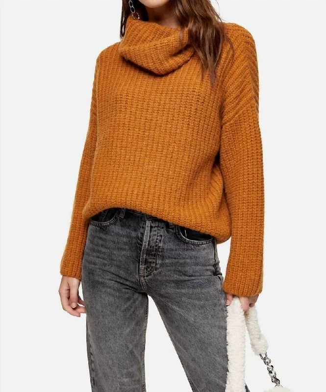 Chunky Knit Turtleneck Relaxed Sweater In Brown Denim Fabric Leather Fabric Suede Fabric Chunky Knit Turtleneck Relaxed Sweater In Brown Denim Fabric Leather Fabric Suede Fabric