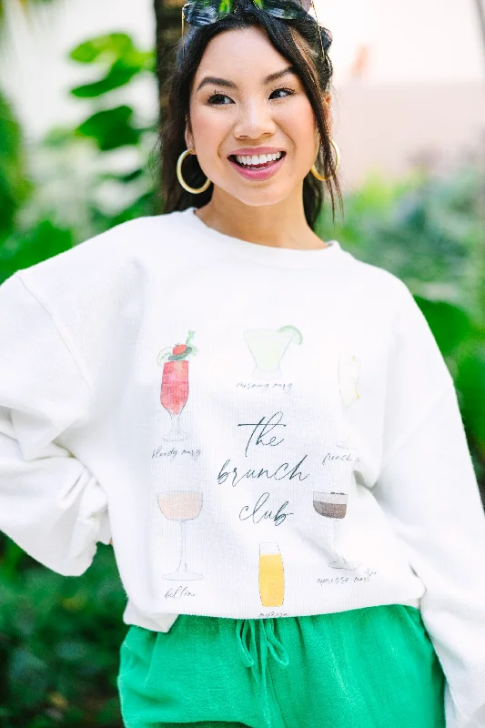 The Brunch Club White Graphic Corded Sweatshirt Hoodie with Hem Detail Decorative Unique