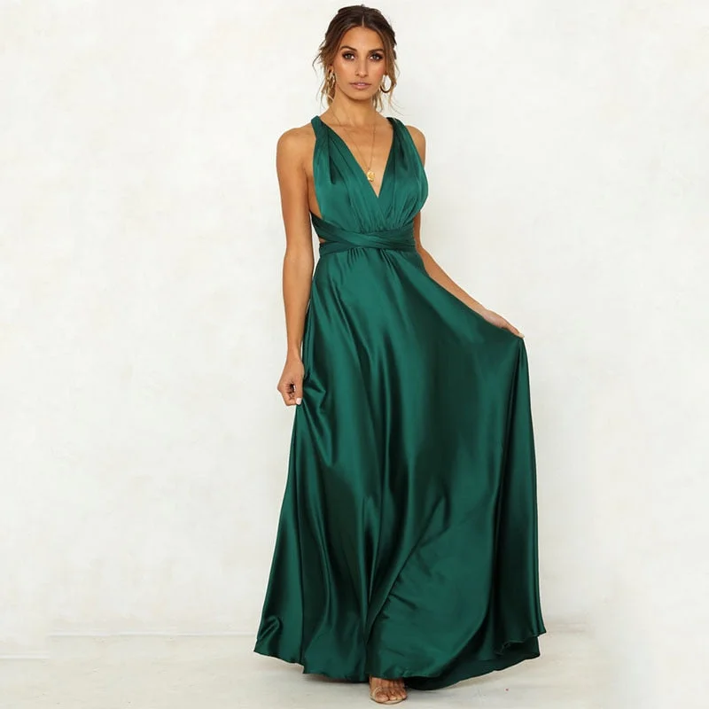 Wjczt Summer Women Elegant Satin Evening Dresses Solid Fashion A-line V Neck High Waist Bandage Sexy Women's Luxury Long Slip Dress Tunics Versatile stylish