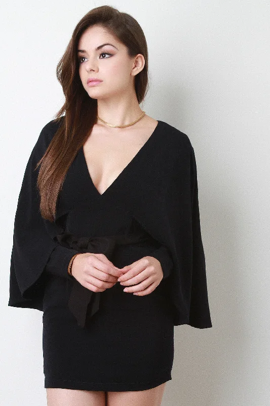 Suede Bow Belt Long Sleeve Cape Dress Tunics Ceremony elegant