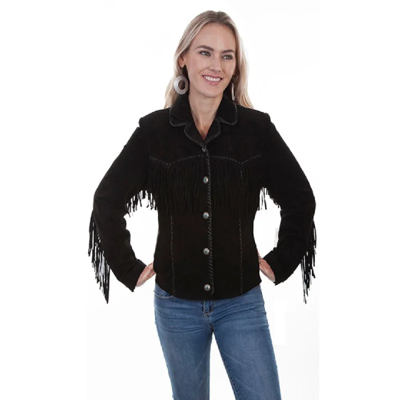 Women's Black Scully Leather Fringe Jacket L1016-19 Embroidered Jacket Appliqued Jacket Beaded Jacket