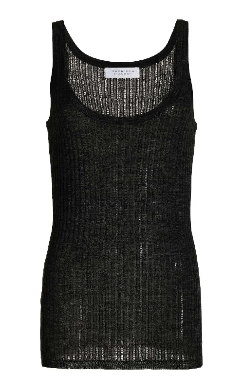 Nevin Pointelle Knit Tank Top in Black Cashmere Silk ribbed tank top