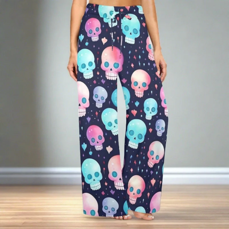 Colorful Skulls On Blue Background Wide Leg Pants Fashionable Button-Up Pants