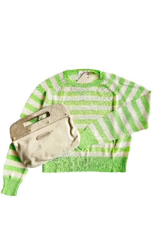 Lime Striped Dawn Striped Sweater Real Fur Shearling Chenille