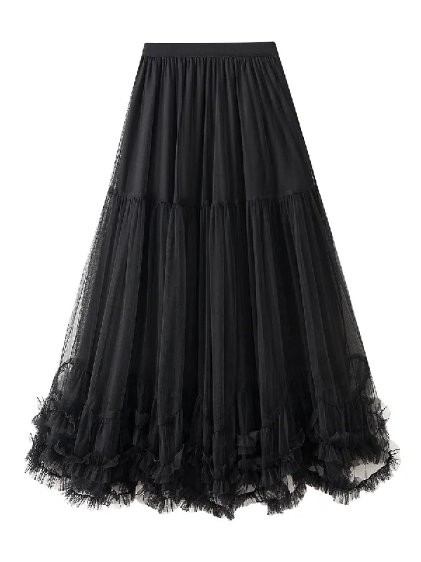 Romantic Black Tulle Ruffle Hem Skirt slim fit skirt
