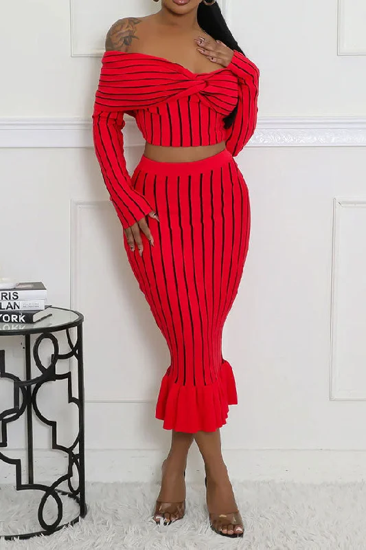 Striped Twist Front Off Shoulder Feminine Ruffled Dress Suit Tunics Canvas sturdy