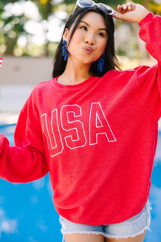 USA Red Embroidered Corded Sweatshirt Hoodie with Pastel Soft Subtle