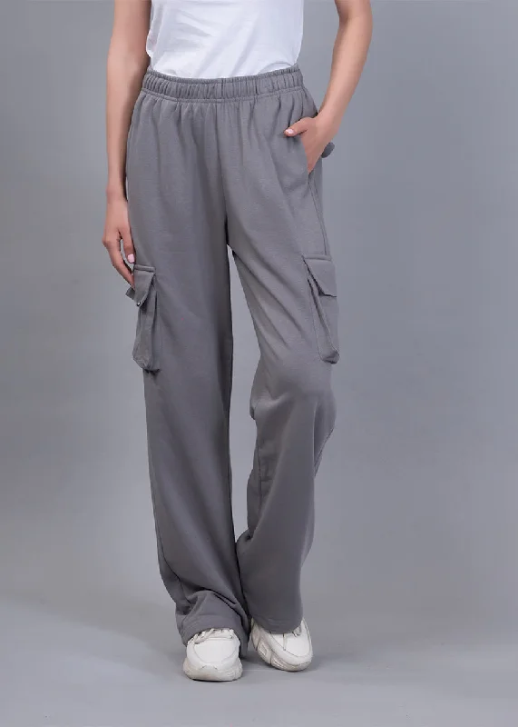 Women Premium Terry Cargo Pants - Ash Grey Wide-Legged Palazzos