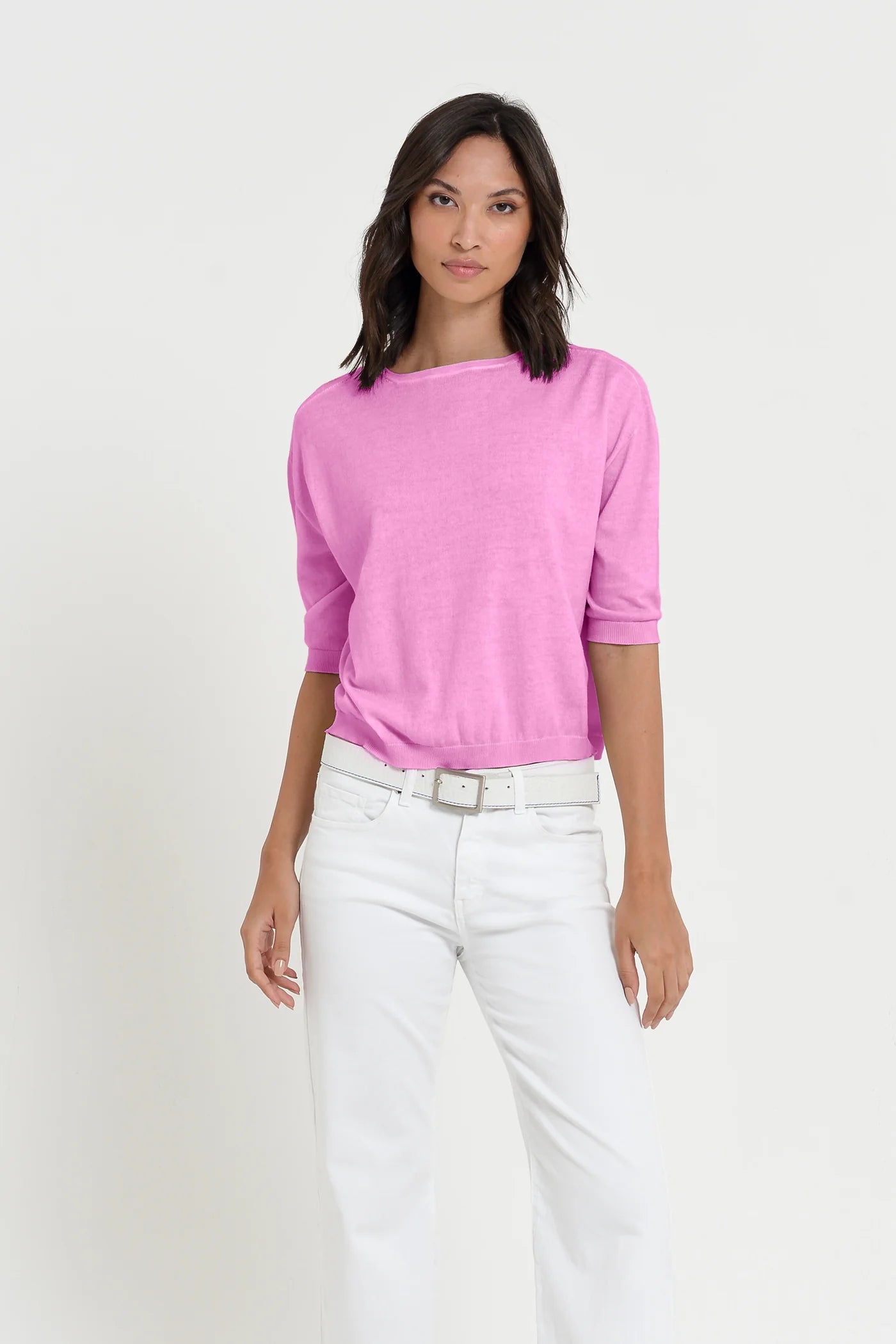 Candy Pink Short Sleeve Knit Sweater Spandex Rayon Corduroy