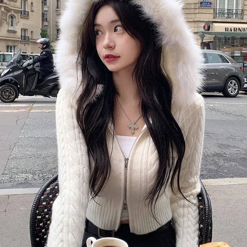Advbridge Y2k Korean style furry hooded hoodie fashion autumn and winter women's casual all-match clothing zipper short knitted sweater Modern Contemporary Chic Advbridge Y2k Korean style furry hooded hoodie fashion autumn and winter women's casual all-match clothing zipper short knitted sweater Modern Contemporary Chic