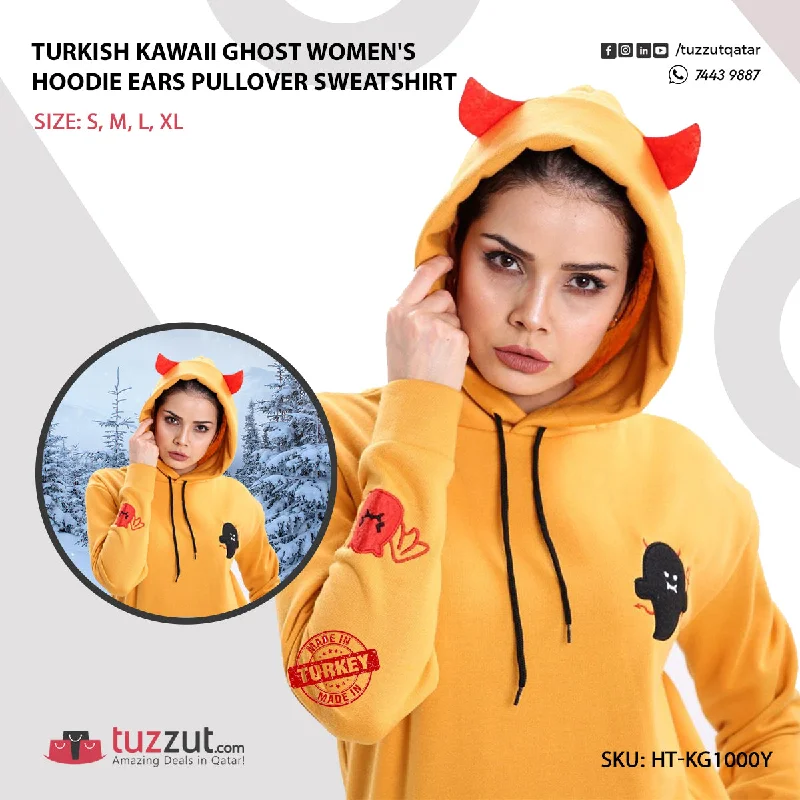 Turkish Kawaii Ghost Women's Hoodie Ears Pullover Sweatshirt - Yellow Hoodie with Front Slit Layering Stylish