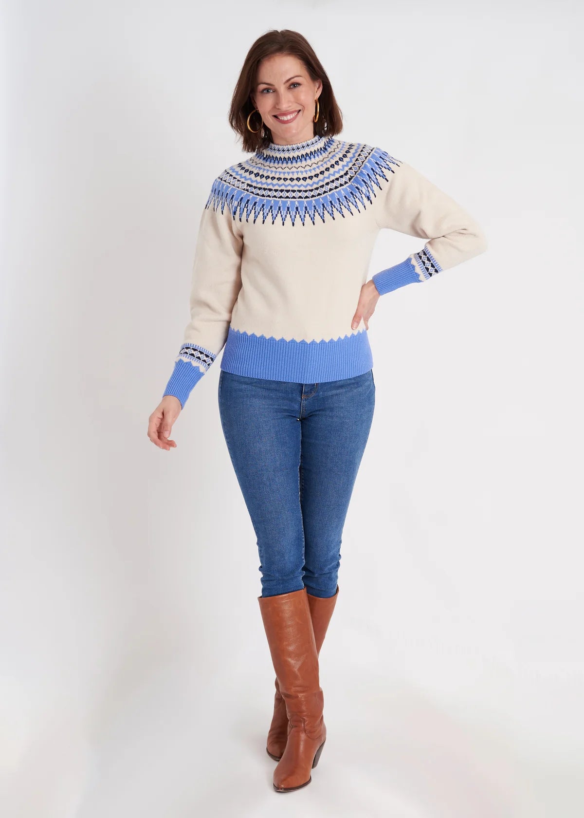 Blue/Navy Fairisle Rigton Sweater Boat Neck Shawl Collar Notched Collar