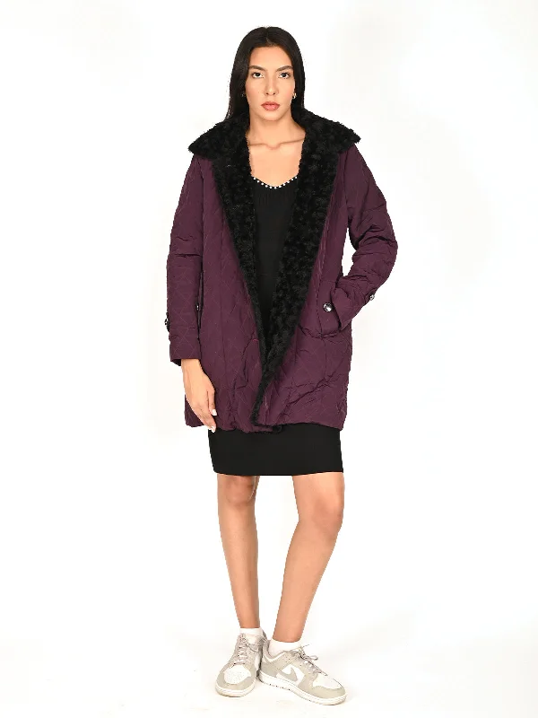 Odette Purple Polyester Quilted Jacket For Women Satin Fabric Silk Fabric Chiffon Fabric