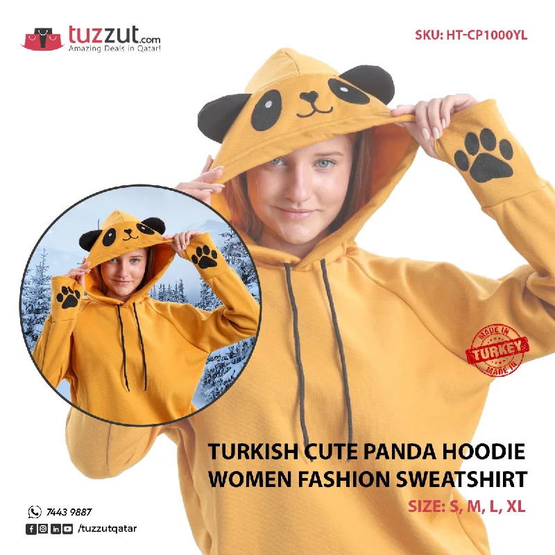 Turkish Cute Panda Hoodie Women Fashion Sweatshirt- Mustard Yellow Hoodie with Hem Raw Edge Edgy Unfinished