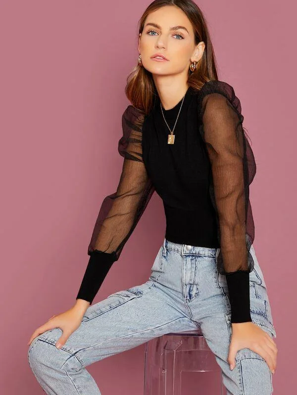 Sheer Organza Puff Sleeve Sweater Top Front Pockets Side Pockets Patch Pockets
